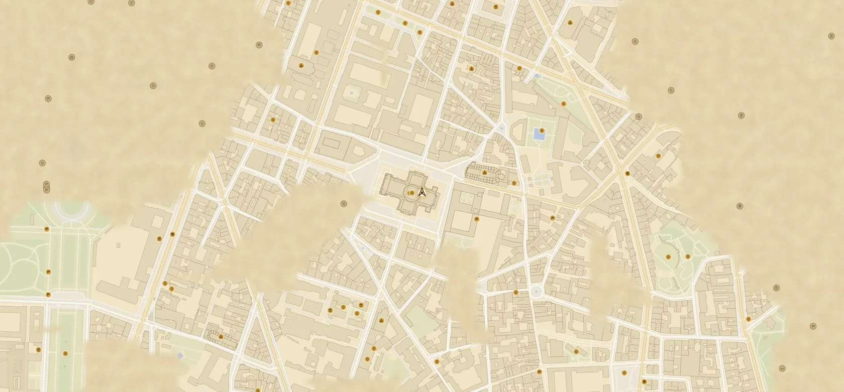 The game map: parchment streets around the Pantheon, fog covering unexplored blocks, gold markers on discovered places and ghost markers showing through the fog