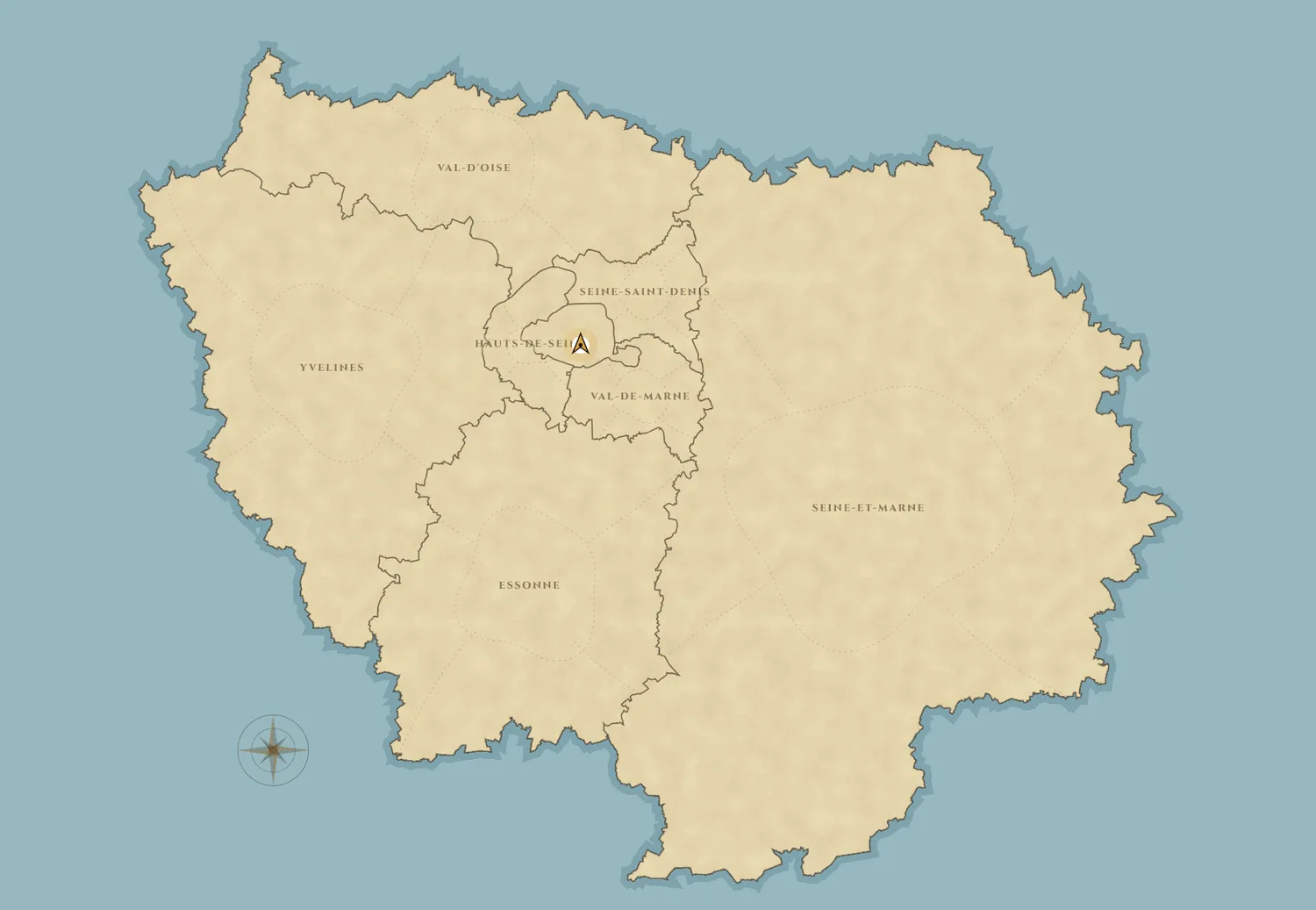 Ile-de-France drawn as a parchment island in a blue ocean, its eight departments outlined, a compass rose in the water